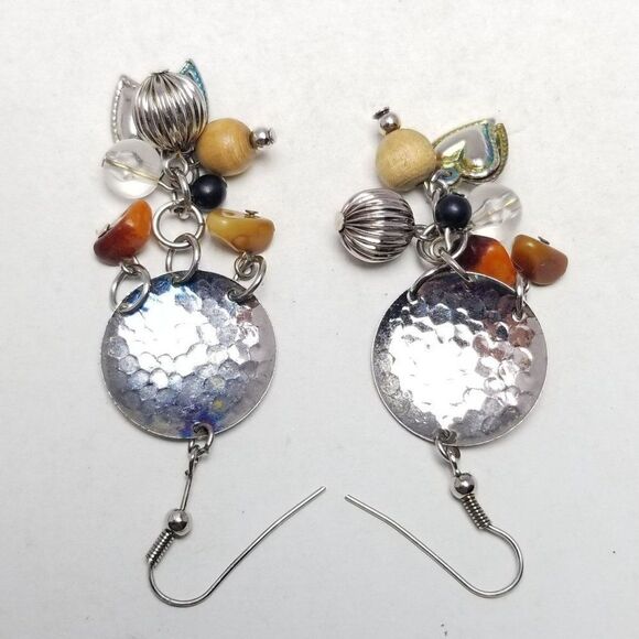 Vintage Boho Dangle Beaded Fringe Earrings, Silver Tone, Hammered Finished - Picture 3 of 6